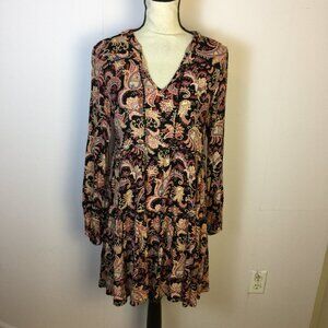 Knox Rose Mini Dress Size S Womans Black Paisley Long Sleeve Boho V-neck Rayon